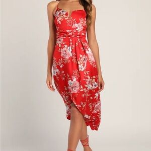 Lulus My Favorite Day Red Floral Tulip Hem Midi Dress L NWT
